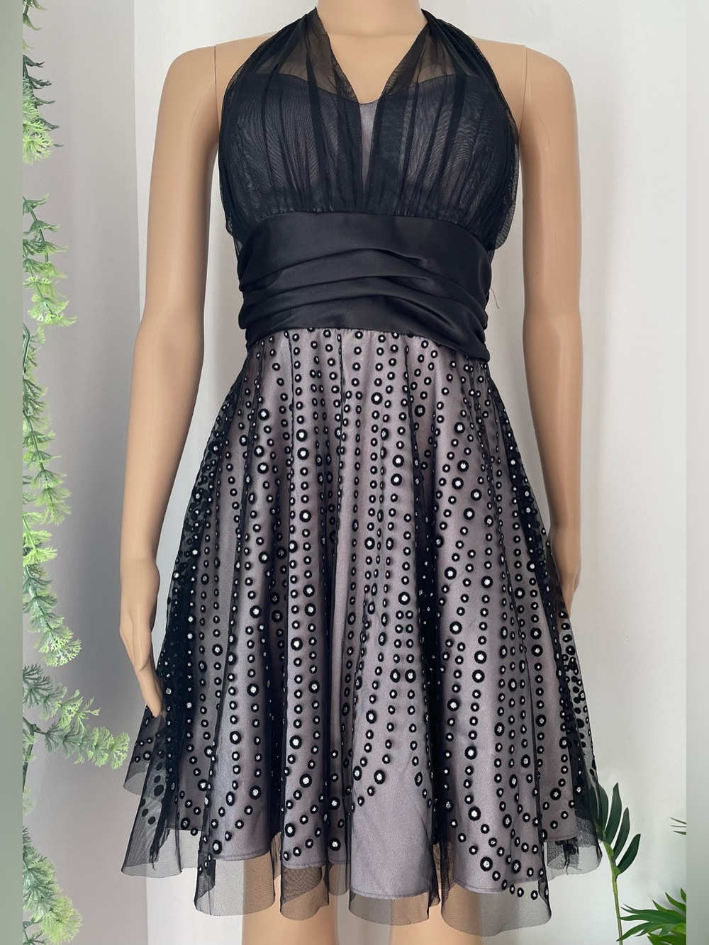 Betsy & Adam Black Halter Prom Dress with Beaded A-Line Skirt
